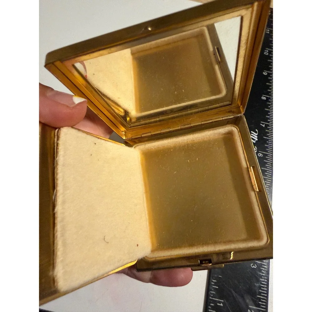 Harriet Hubbard Ayer Vintage Gold Tone Plaid Powder Compact with Mirror & Puff